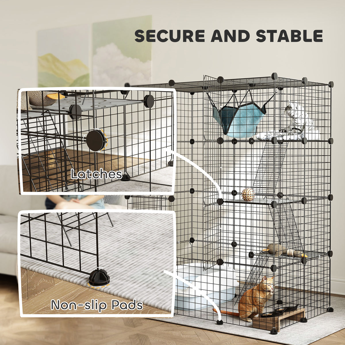 Parque modular de acero para gatos y conejos, 4 niveles