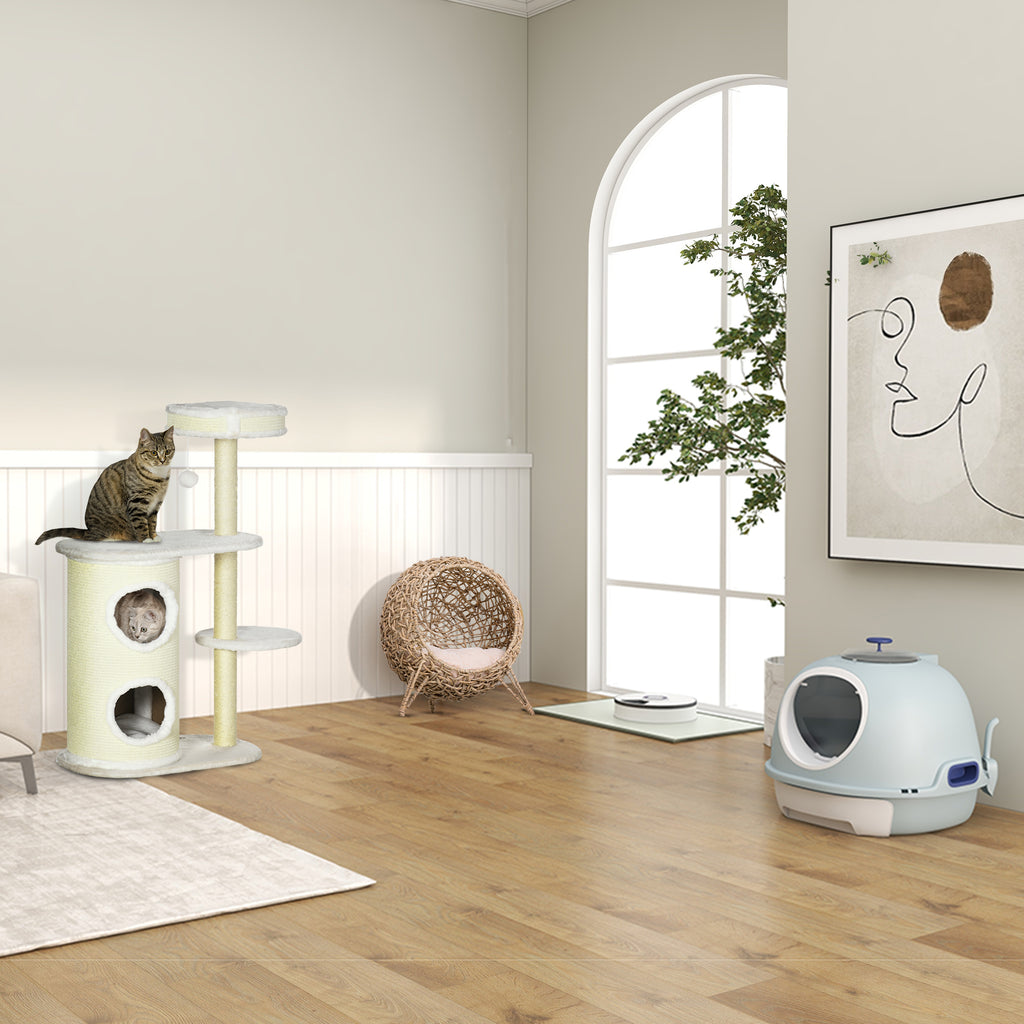 Cama cueva elevada de ratán para gatos con cojín de felpa, beige