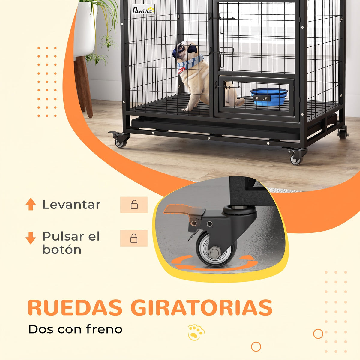 Jaula para perros con ruedas, tapa abatible y comedero, 92 x 62 x 73 cm