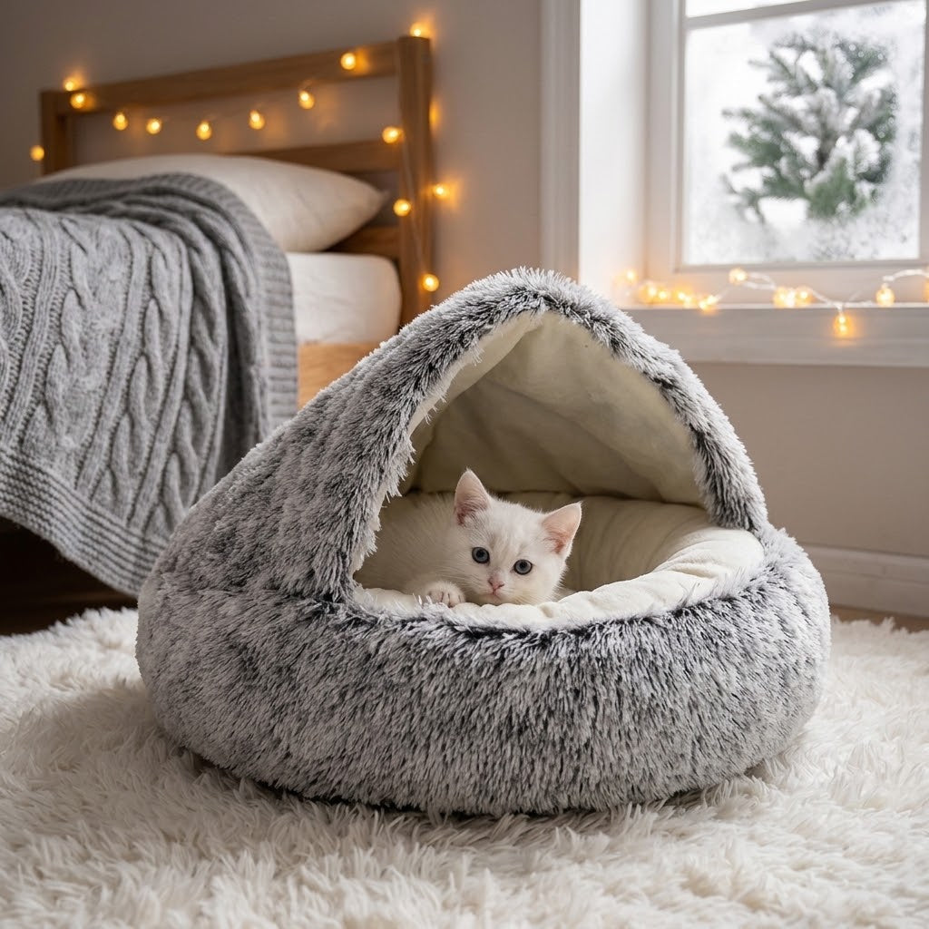 Cama mullida 2 en 1 para perros pequeños y gatos en ambiente de invierno