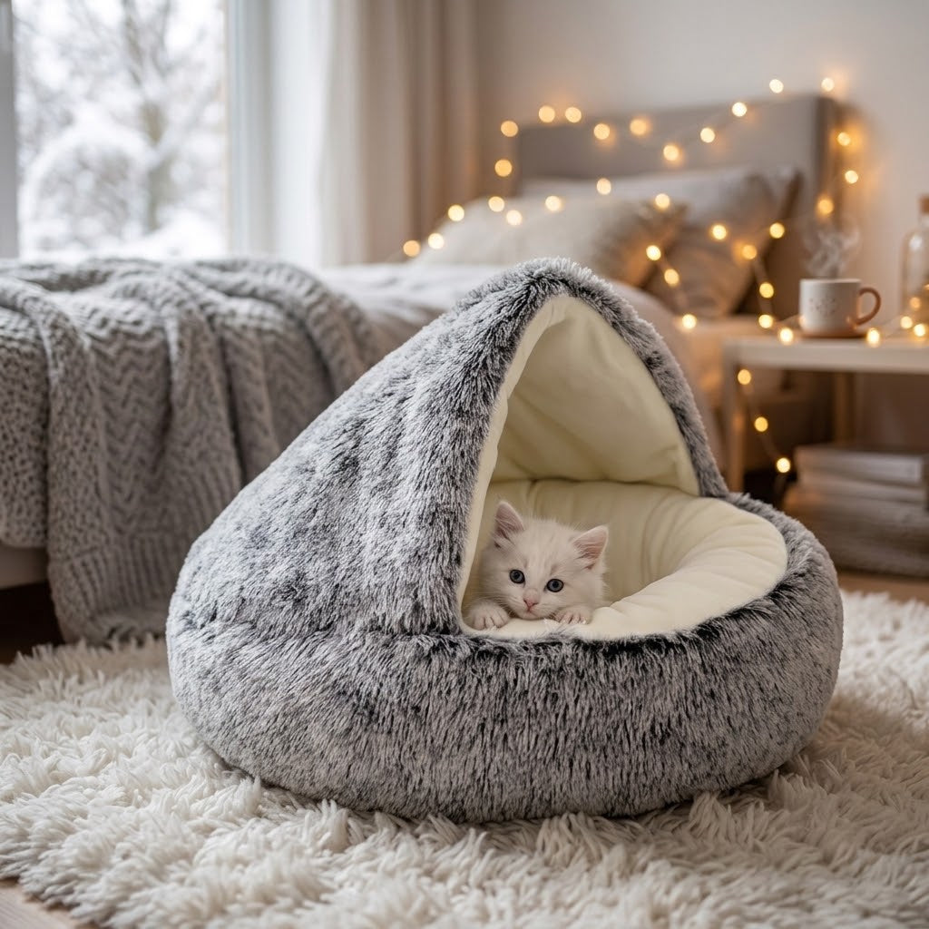 Cama mullida 2 en 1 gris con gatito blanco en dormitorio con luces cálidas