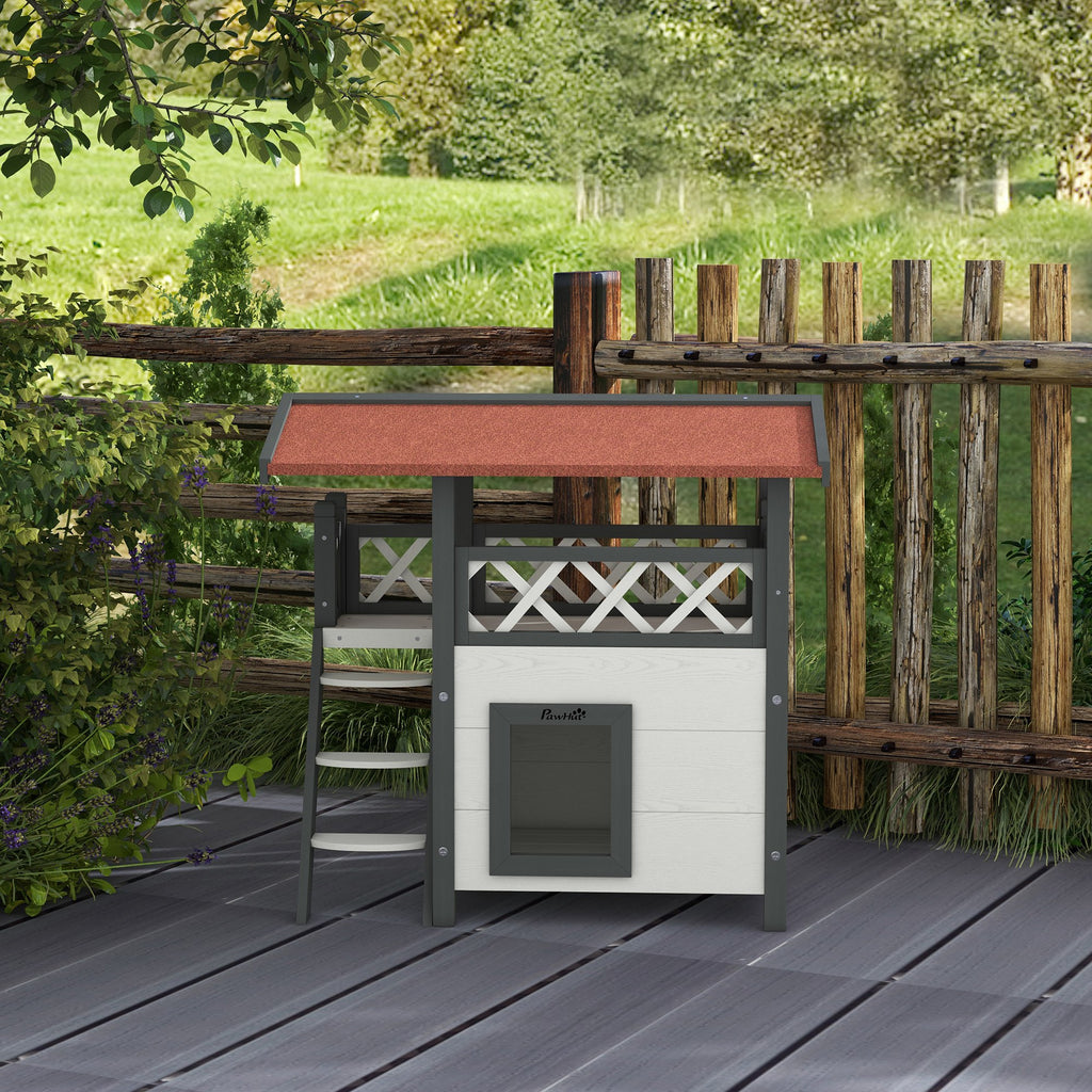 Caseta de madera para gatos con terraza y escalera