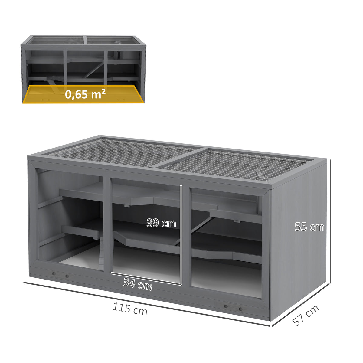 Jaula para hámster de 2 niveles con techo abatible, ventanas, casita y 2 escaleras, 115x57x55 cm, gris-2