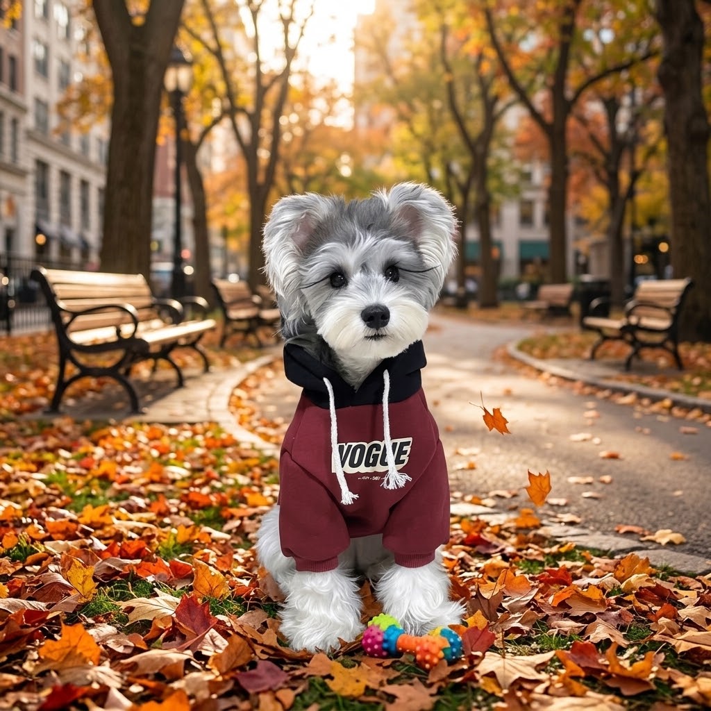 Perro con sudadera con capucha granate en un parque urbano en otoño