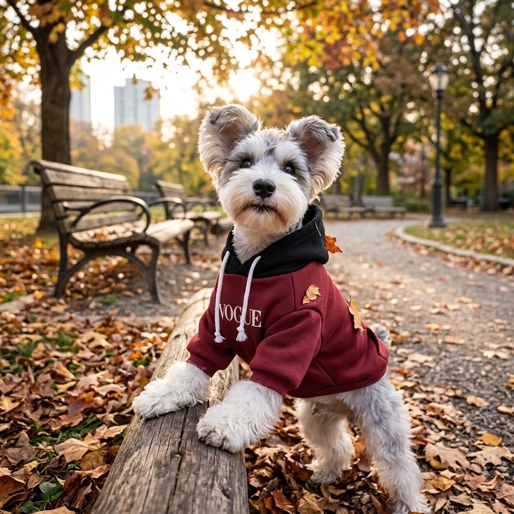Schnauzer con sudadera con capucha sentado entre hojas de otoño