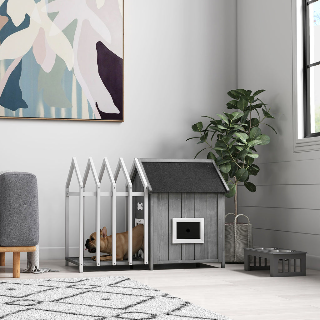 Caseta de madera con terraza y valla para perros pequeños, 106x62,5x80,5 cm