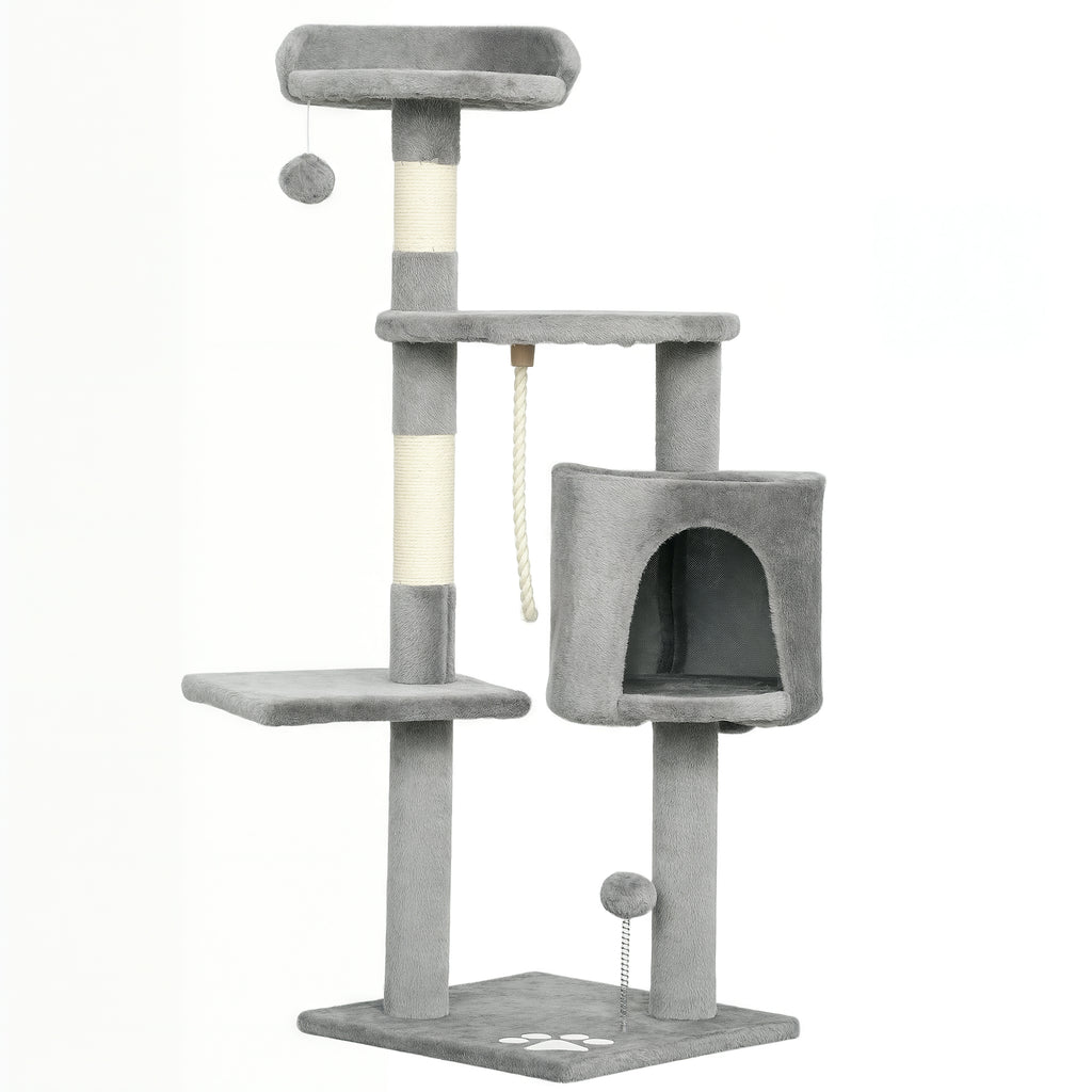 Árbol rascador para gatos con plataformas y caseta gris, sisal