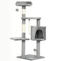 Árbol rascador para gatos con plataformas y caseta gris, sisal