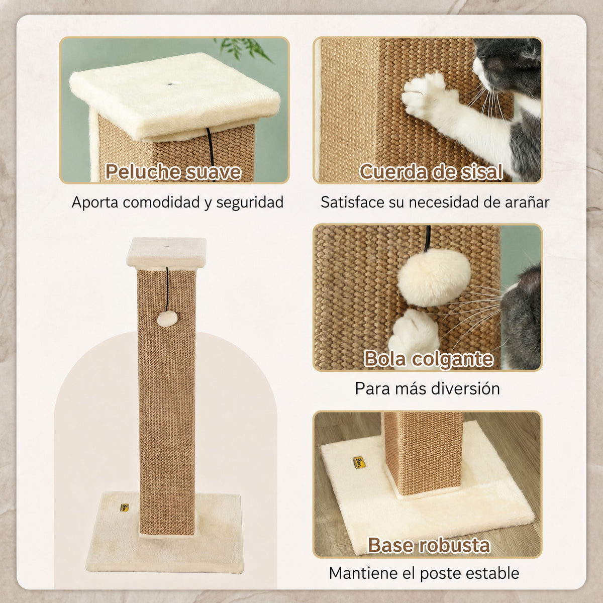 Rascador para gatos con poste de sisal y bola beige