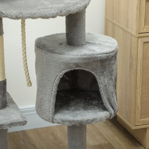 Árbol rascador para gatos con plataformas y caseta gris, foto 4 de 9