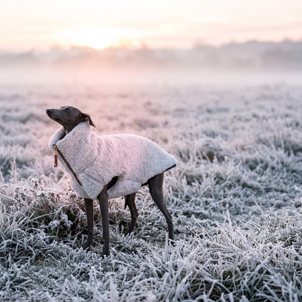 Galgo italiano con chaleco de lana gris claro en un campo con escarcha al amanecer