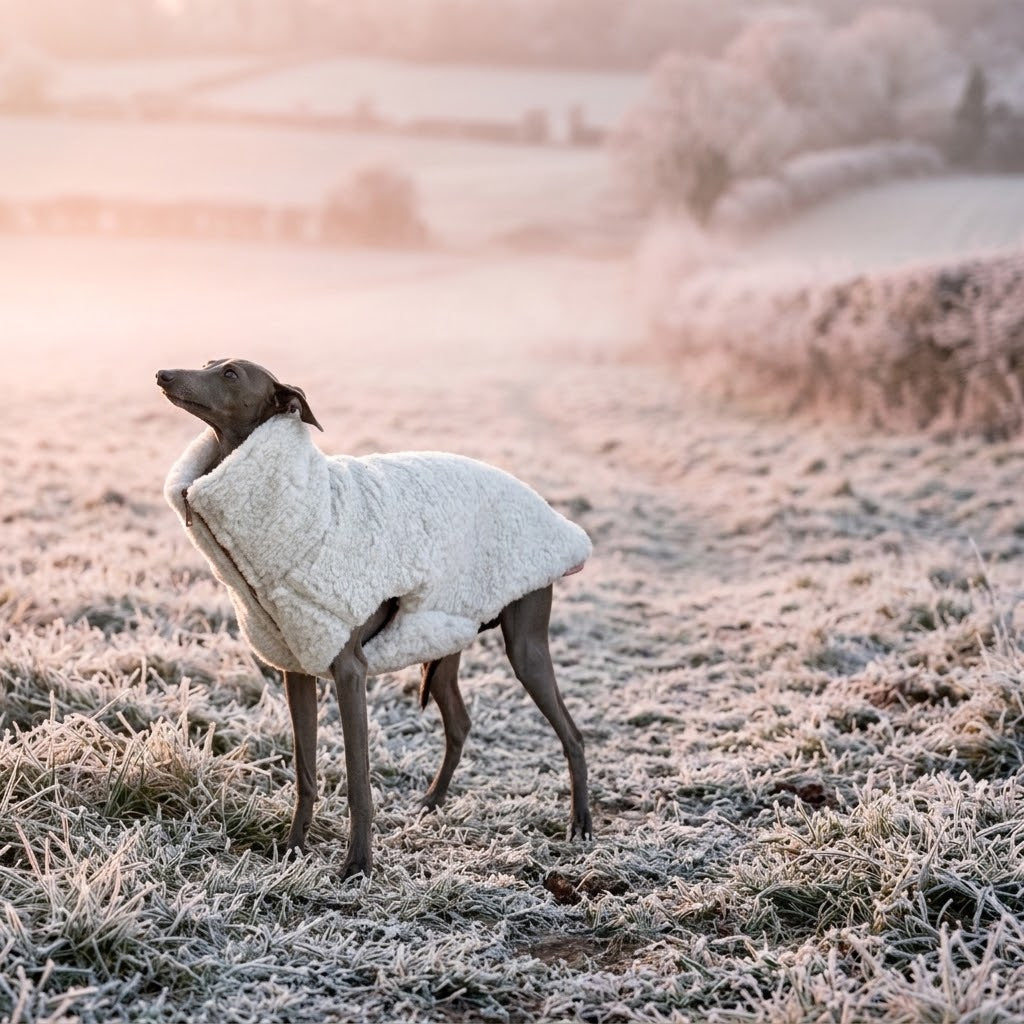 Galgo con chaleco gris claro Mellow en un paisaje helado de invierno