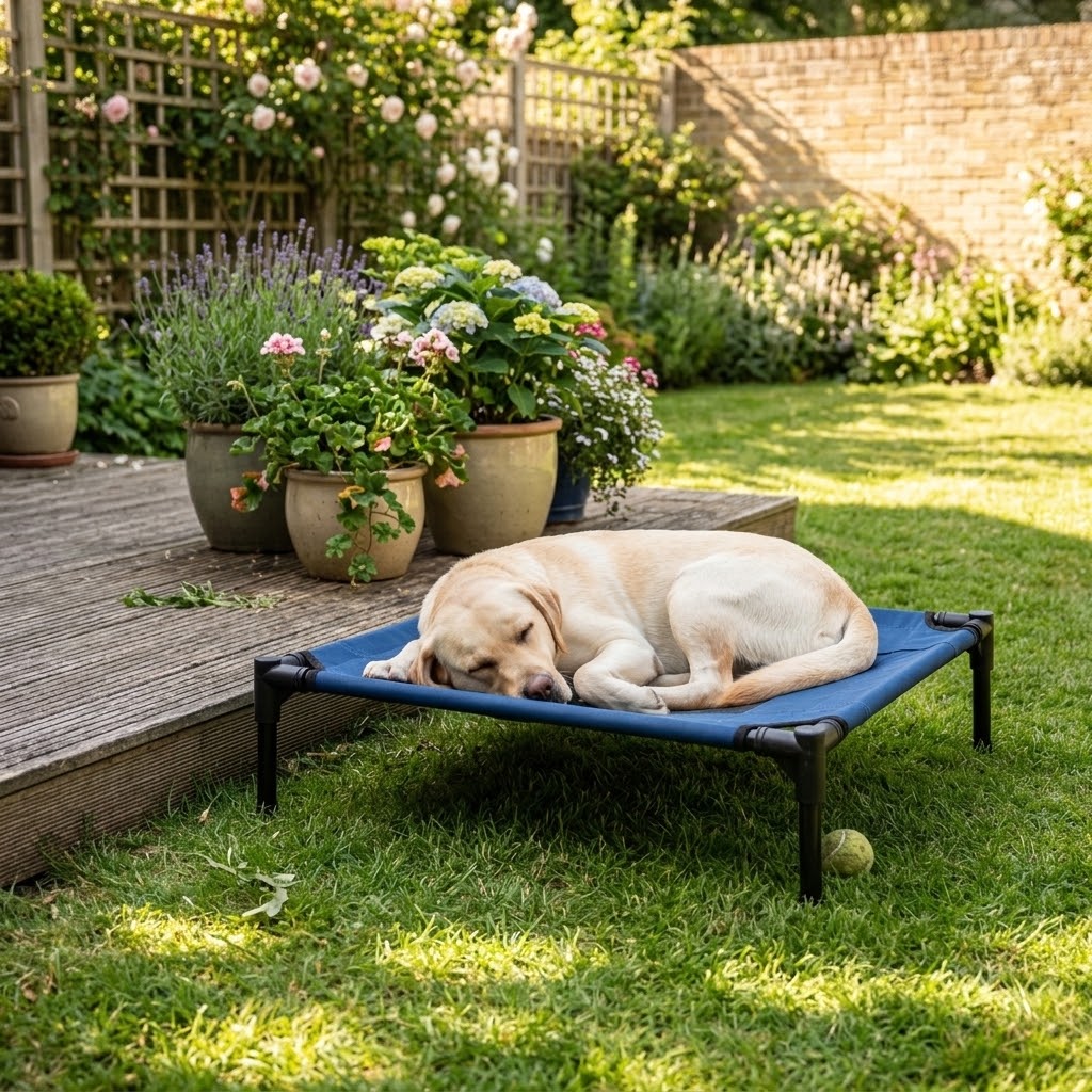 Cama elevada para perros y gatos 61 x 46 cm en terraza con plantas