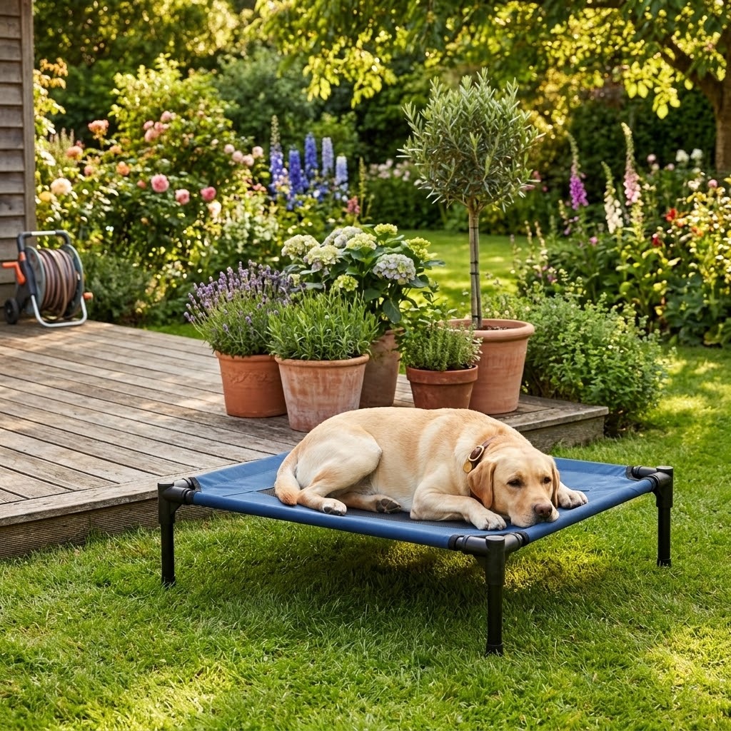 Cama elevada para perros con labrador descansando en el jardín