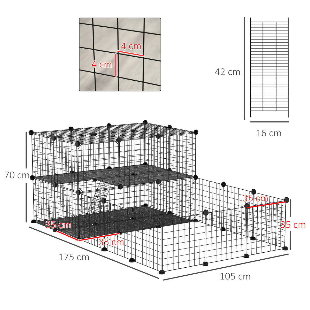 Parque modular de 2 niveles para pequeños animales, 175 cm