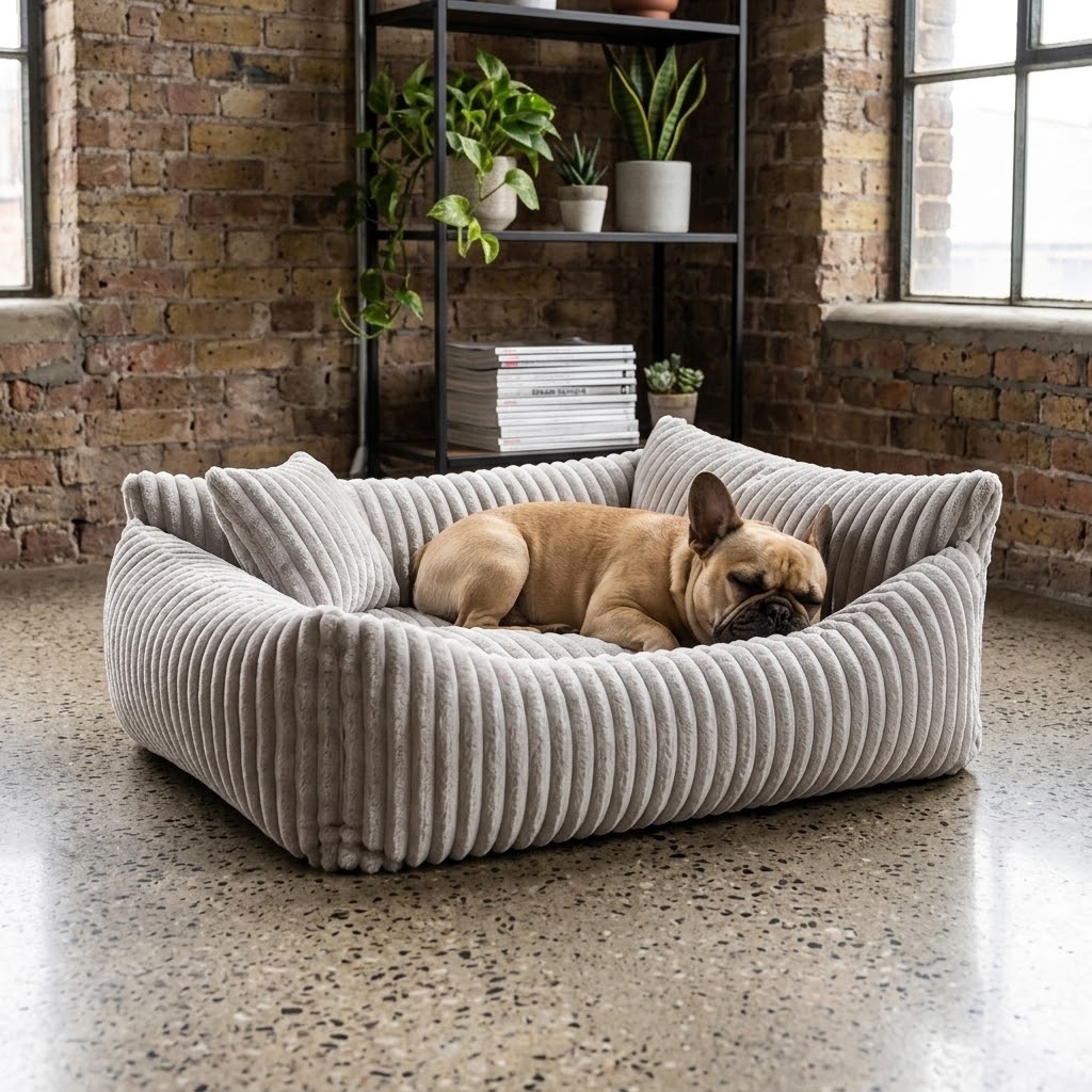 Sofá cama de pana gris para perros Lodie talla M en loft con plantas