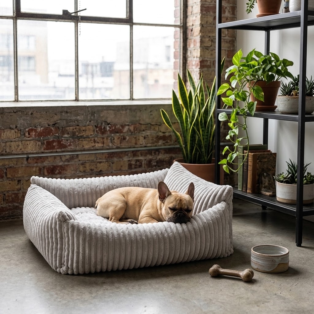 Sofá cama de pana gris Lodie con bulldog francés en loft industrial