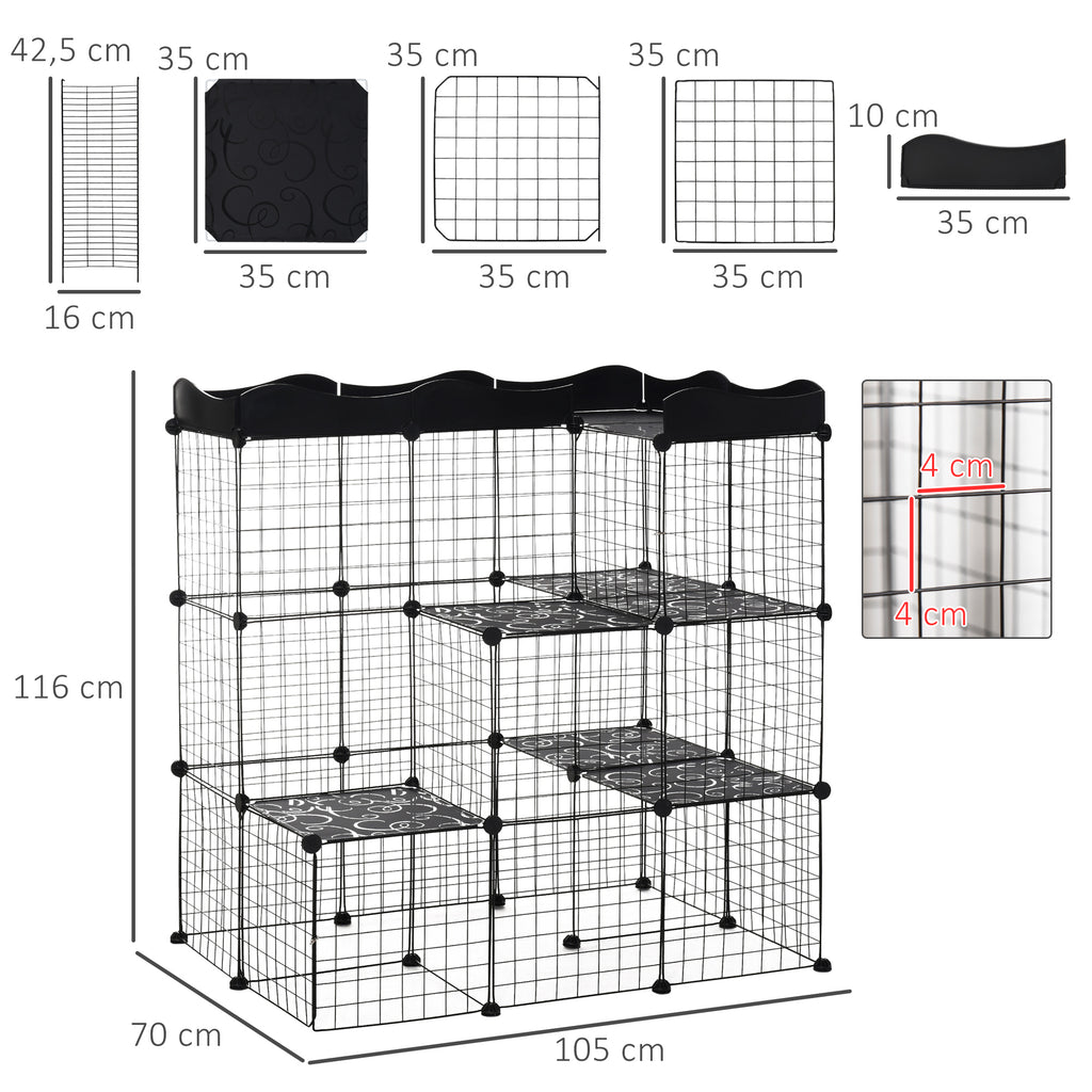 Pack de 2 recintos modulares de 3 niveles con rampa para animales pequeños, negro