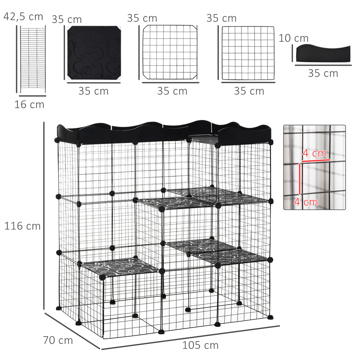 Pack de 2 recintos modulares de 3 niveles con rampa para animales pequeños, negro