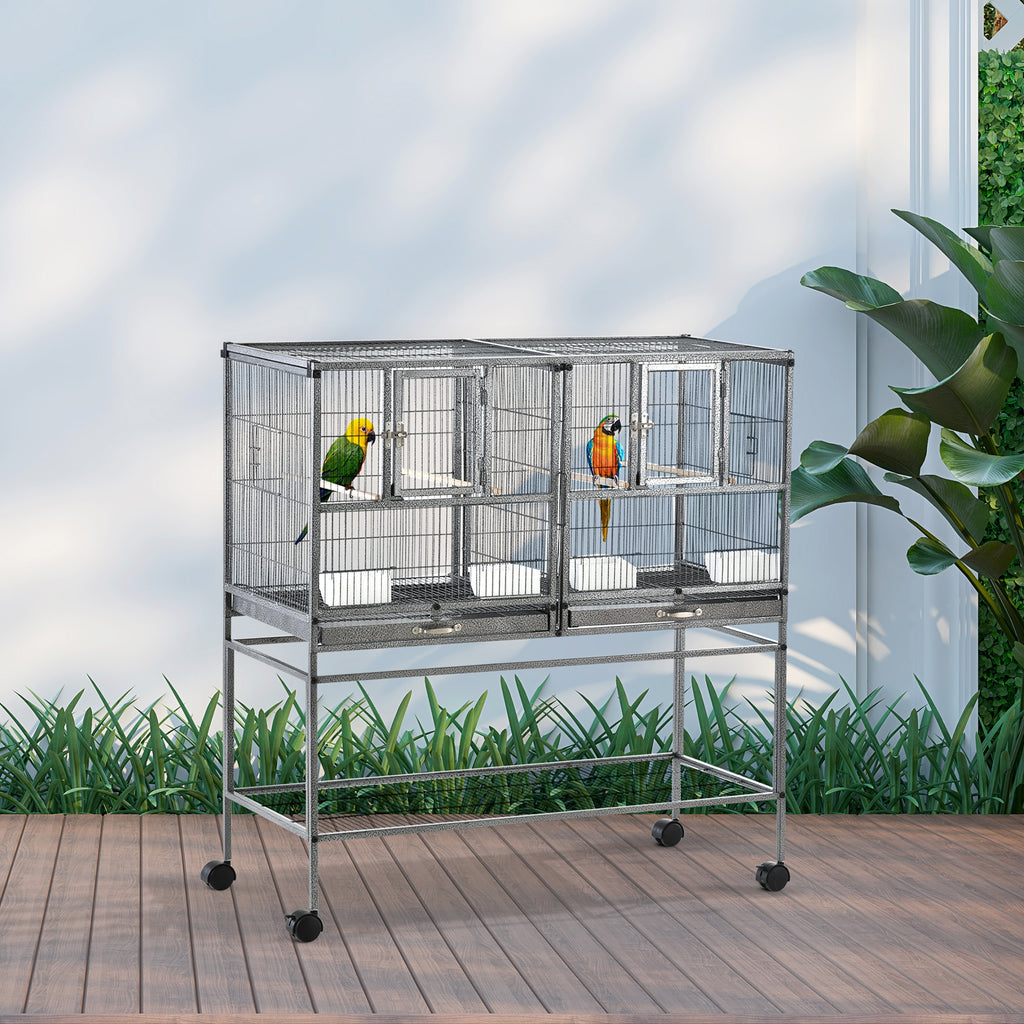 Jaula doble para pájaros con separador y ruedas, 95 x 45,5 x 102 cm