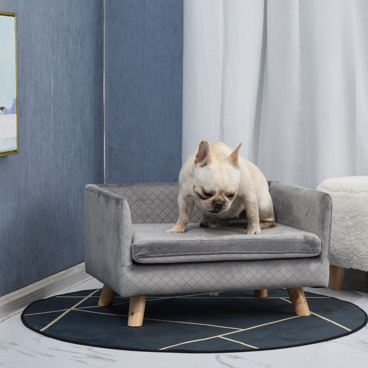Sofá de terciopelo para perros pequeños con patas de madera, gris oscuro