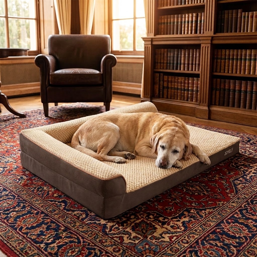Cama ortopédica para perros junto a sillón de cuero y librería