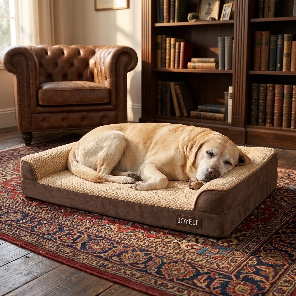 Cama ortopédica con labrador senior en salón clásico con alfombra persa