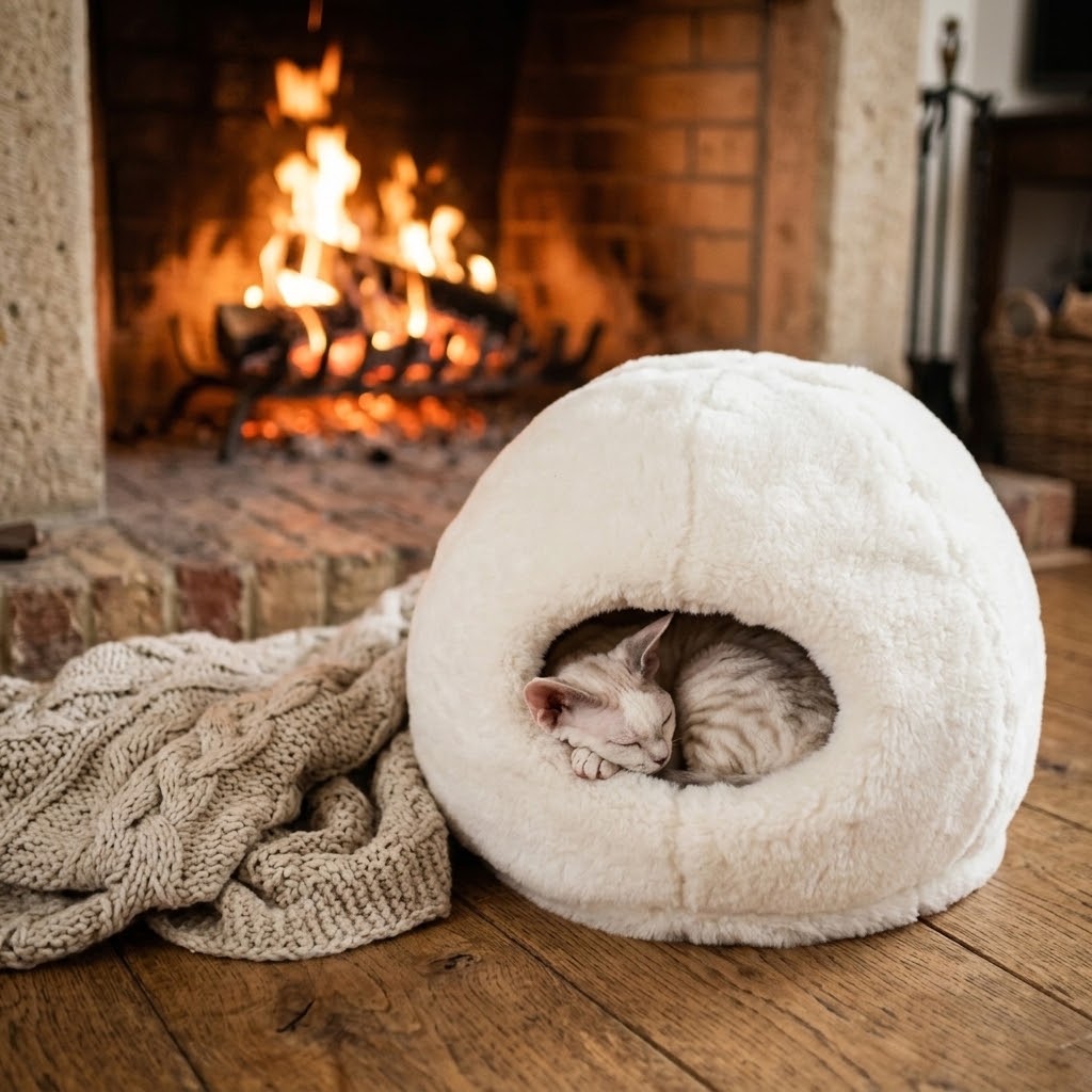 Nido de piel de oveja Mellow con gato dormido y manta de punto junto al fuego
