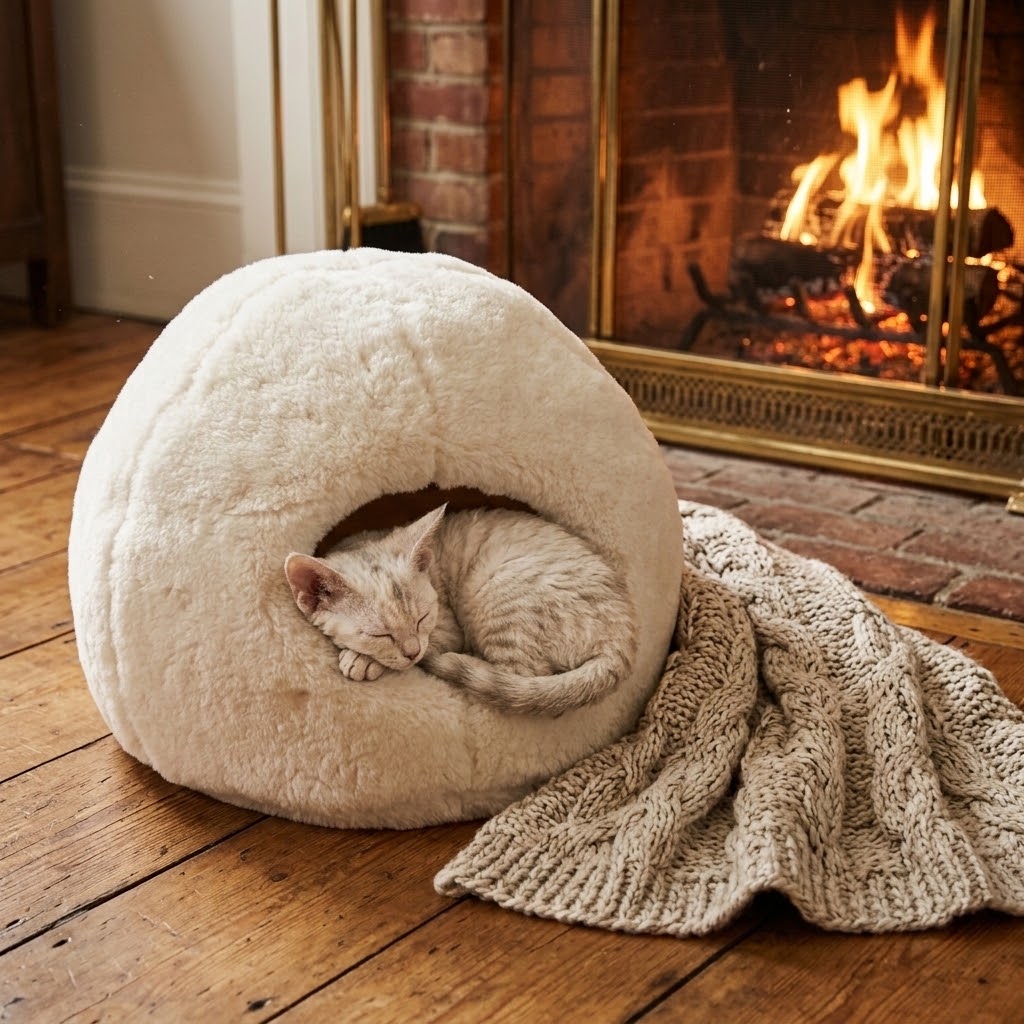 Nido de piel de oveja Mellow con gatito junto a la chimenea