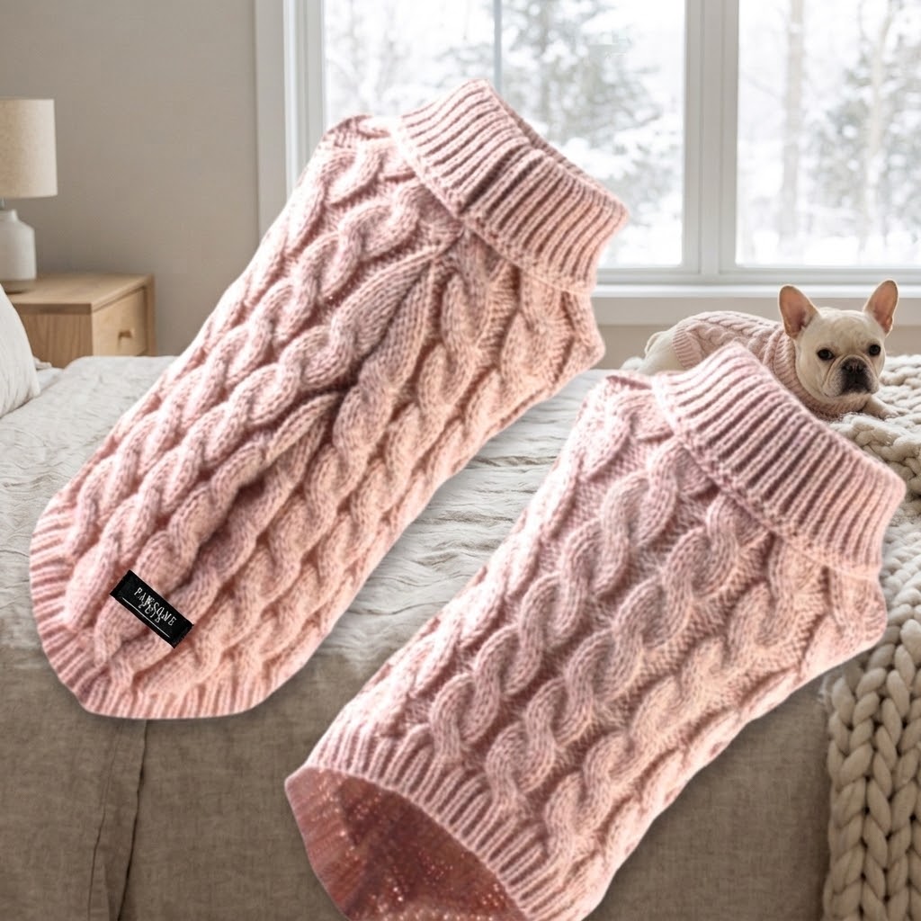 Jersey beige de punto trenzado para perro sobre una cama de lino en invierno