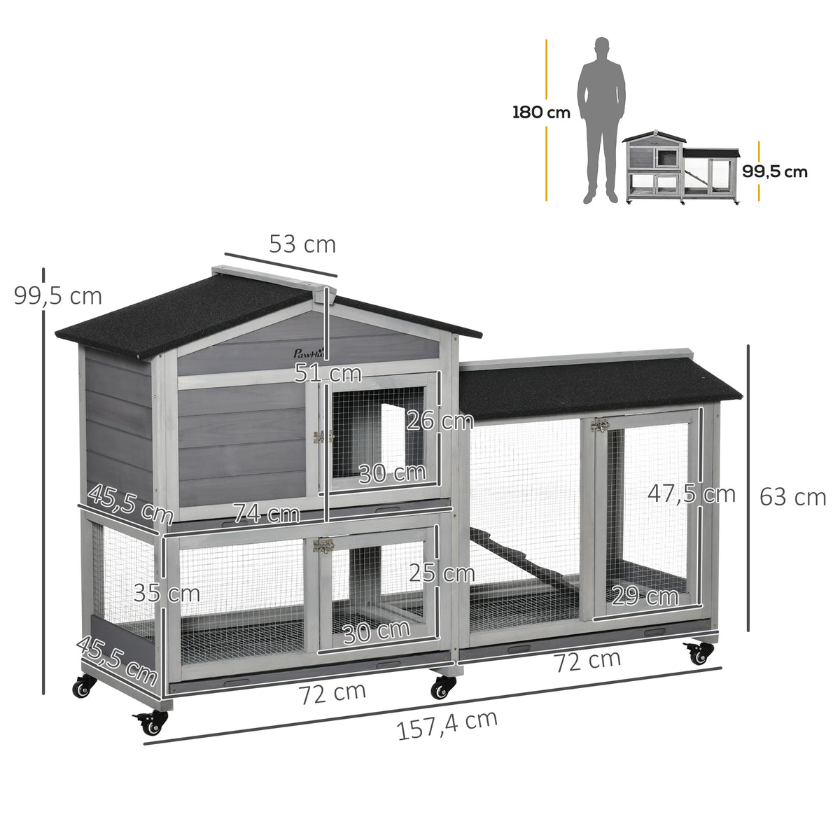 Conejera de exterior de madera con ruedas y 2 pisos, 157 x 53 x 99,5 cm, gris