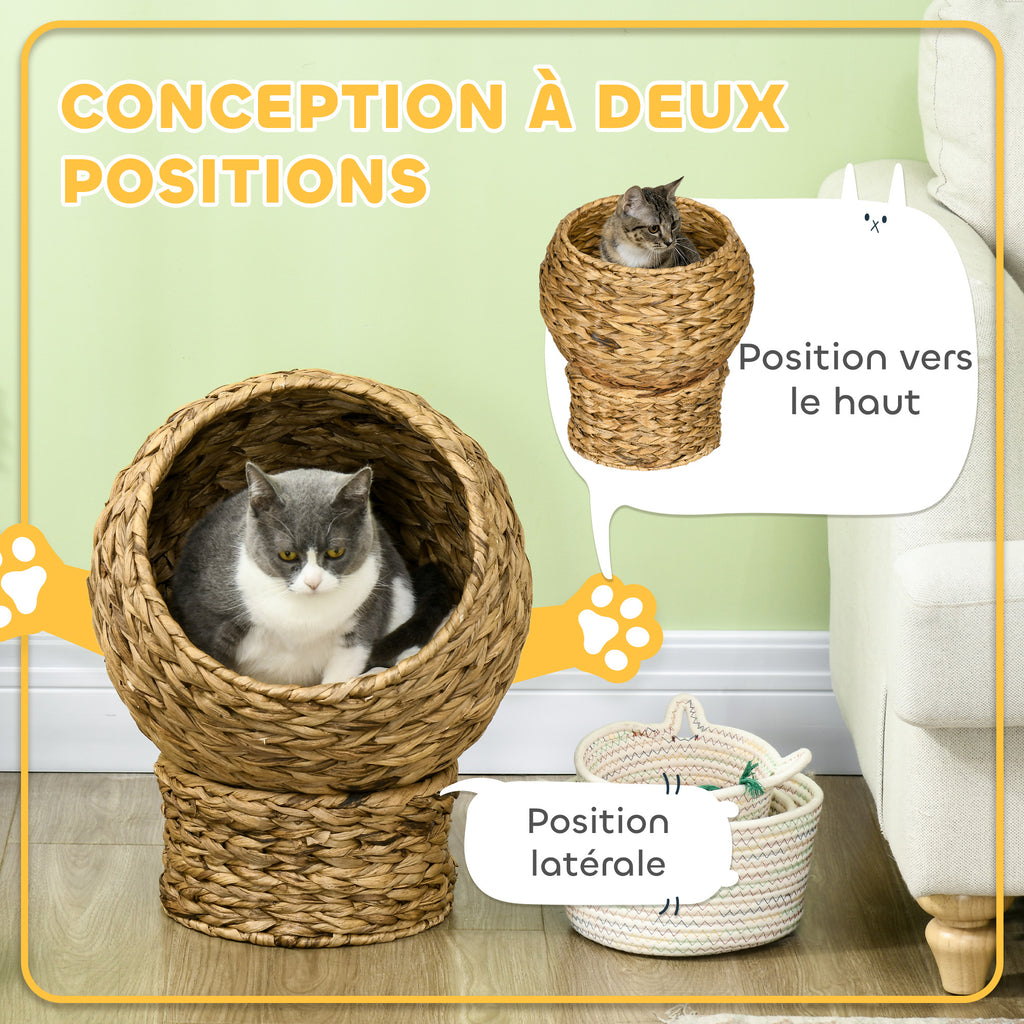 Cama cueva de fibra trenzada para gatos con cojín lavable, 40 x 37 x 51 cm