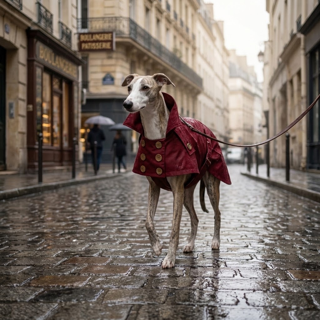 Galgo con gabardina impermeable burdeos en una calle de París bajo la lluvia
