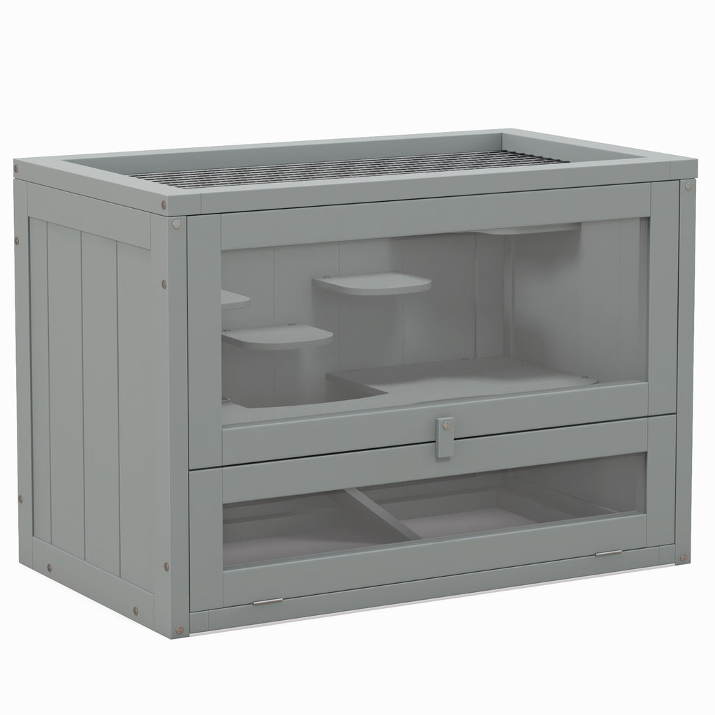 Jaula de madera para hámster con rampa y techo abatible, 60 x 35 x 42 cm, gris, foto 4 de 9
