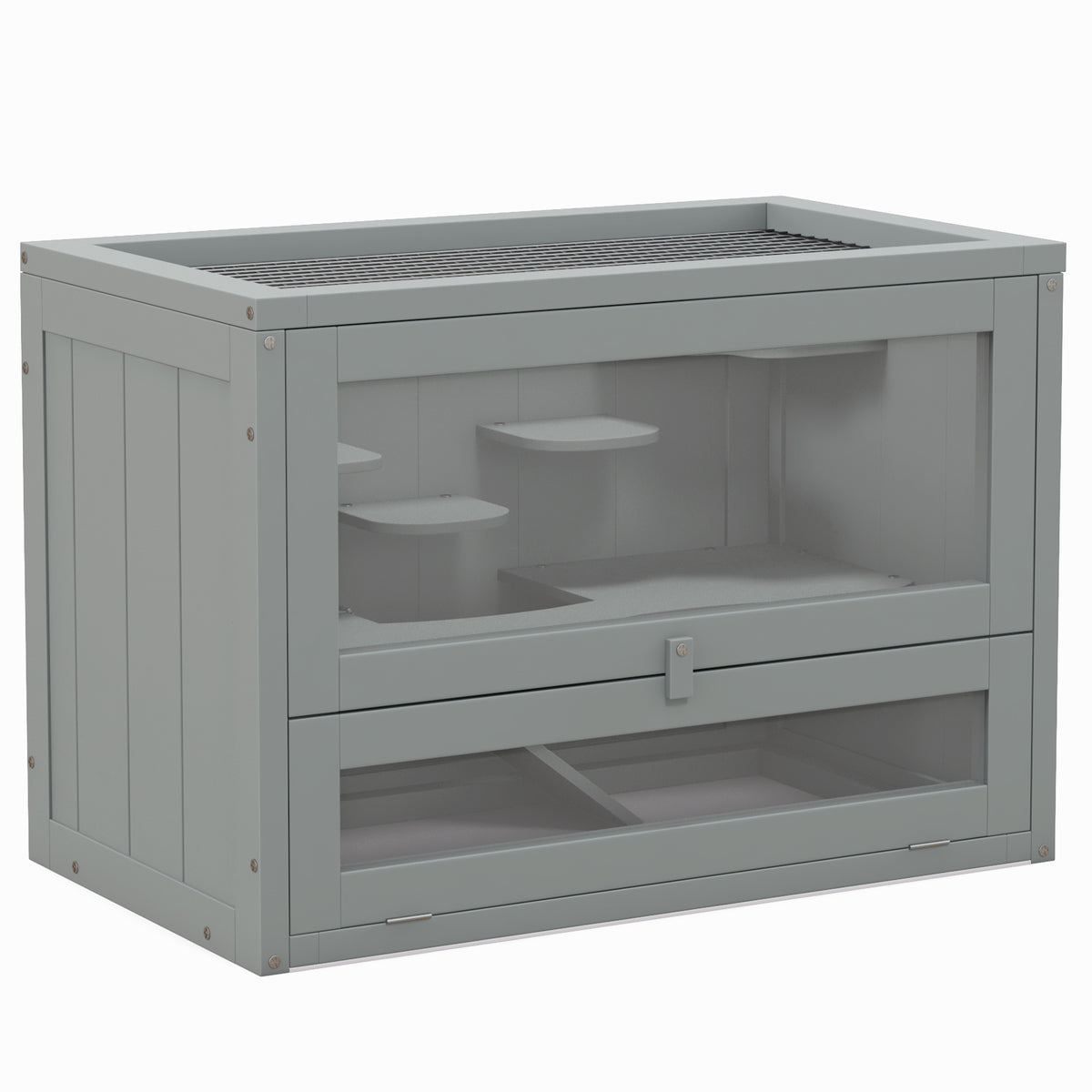 Jaula de madera para hámster con rampa y techo abatible, 60 x 35 x 42 cm, gris, foto 4 de 9