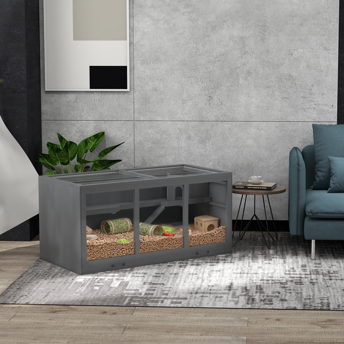 Jaula para hámster de 2 niveles con techo abatible, ventanas, casita y 2 escaleras, 115x57x55 cm, gris-9