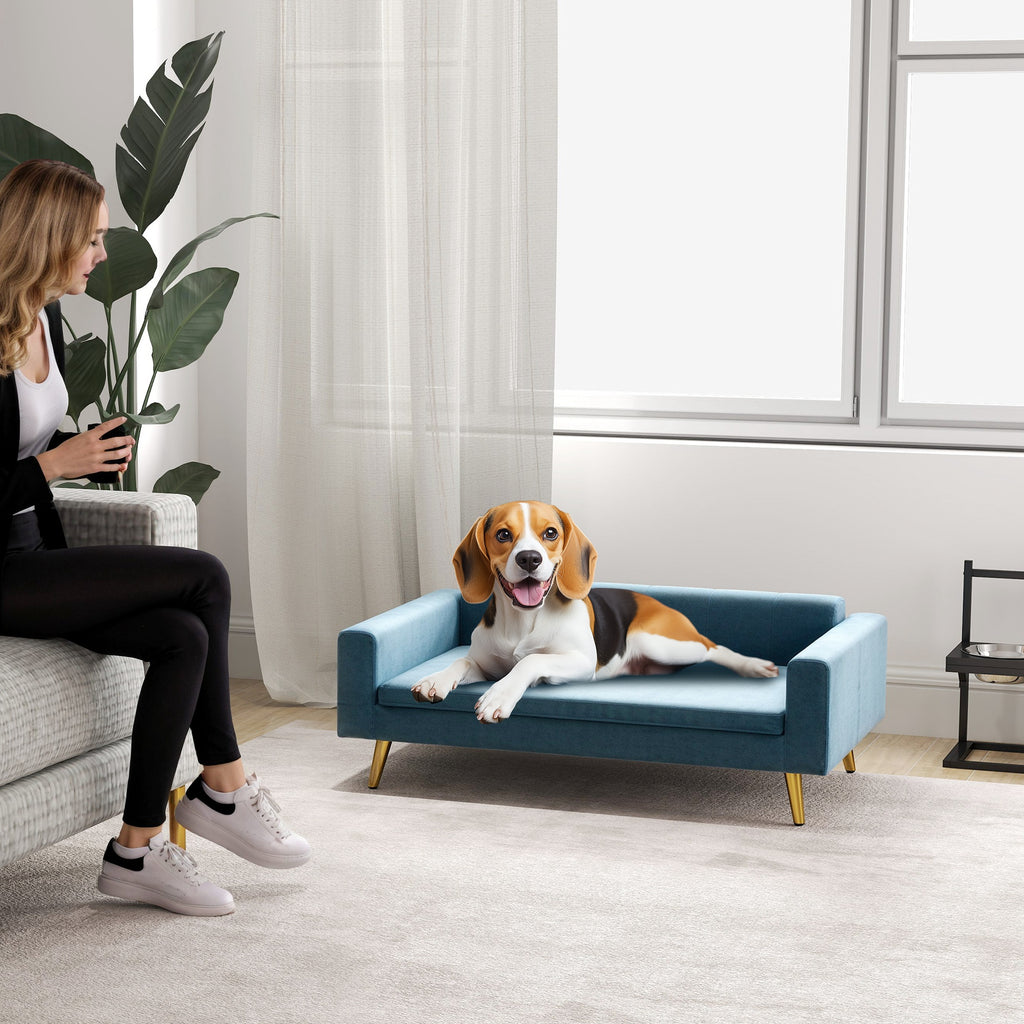 Sofá de terciopelo azul para perros de estilo escandinavo, 94x59,5x31,5 cm