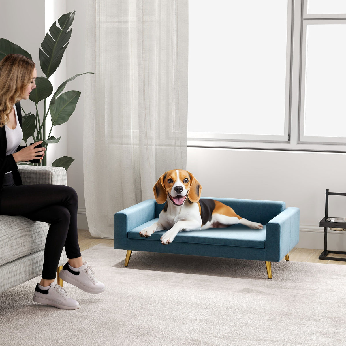 Sofá de terciopelo azul para perros de estilo escandinavo, 94x59,5x31,5 cm