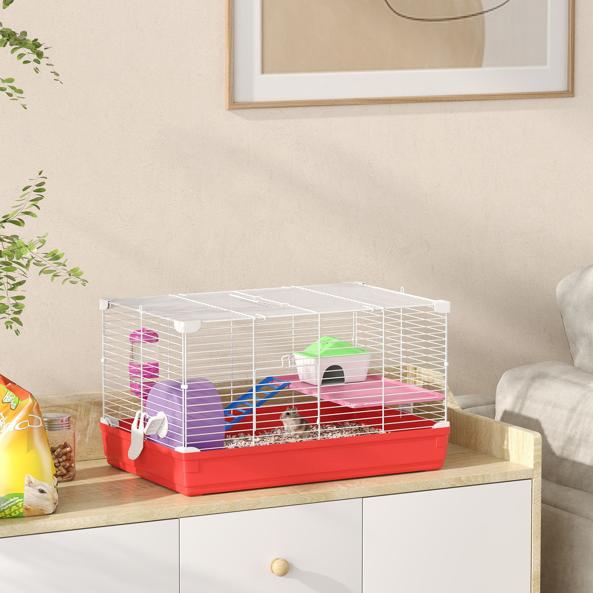Cage hamster, cage rongeur à 2 niveaux, base amovible nettoyage facile, cabane, roue d'exercice, 47 x 30 x 27 cm, blanc-9