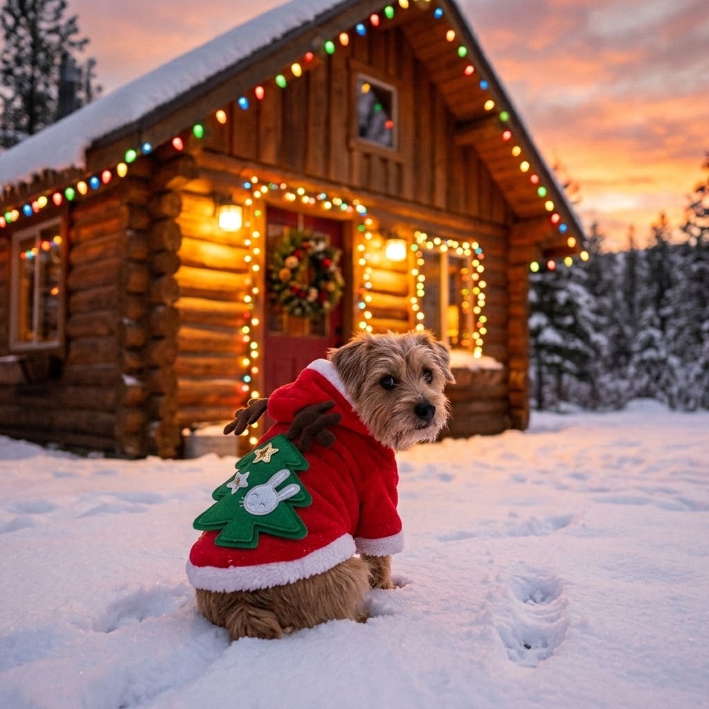 Perro con abrigo navideño rojo con capucha de reno frente a una cabaña con luces