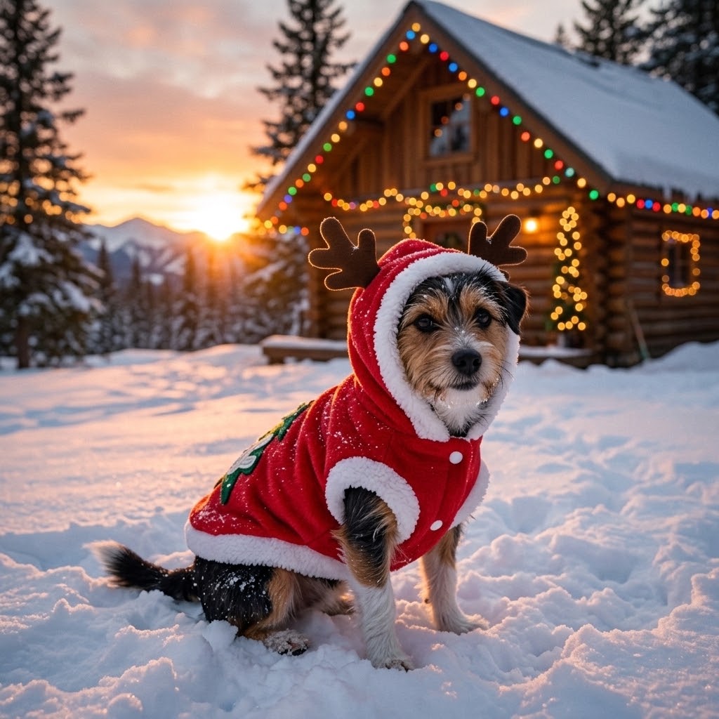 Perro pequeño con abrigo navideño con capucha sentado en la nieve al atardecer