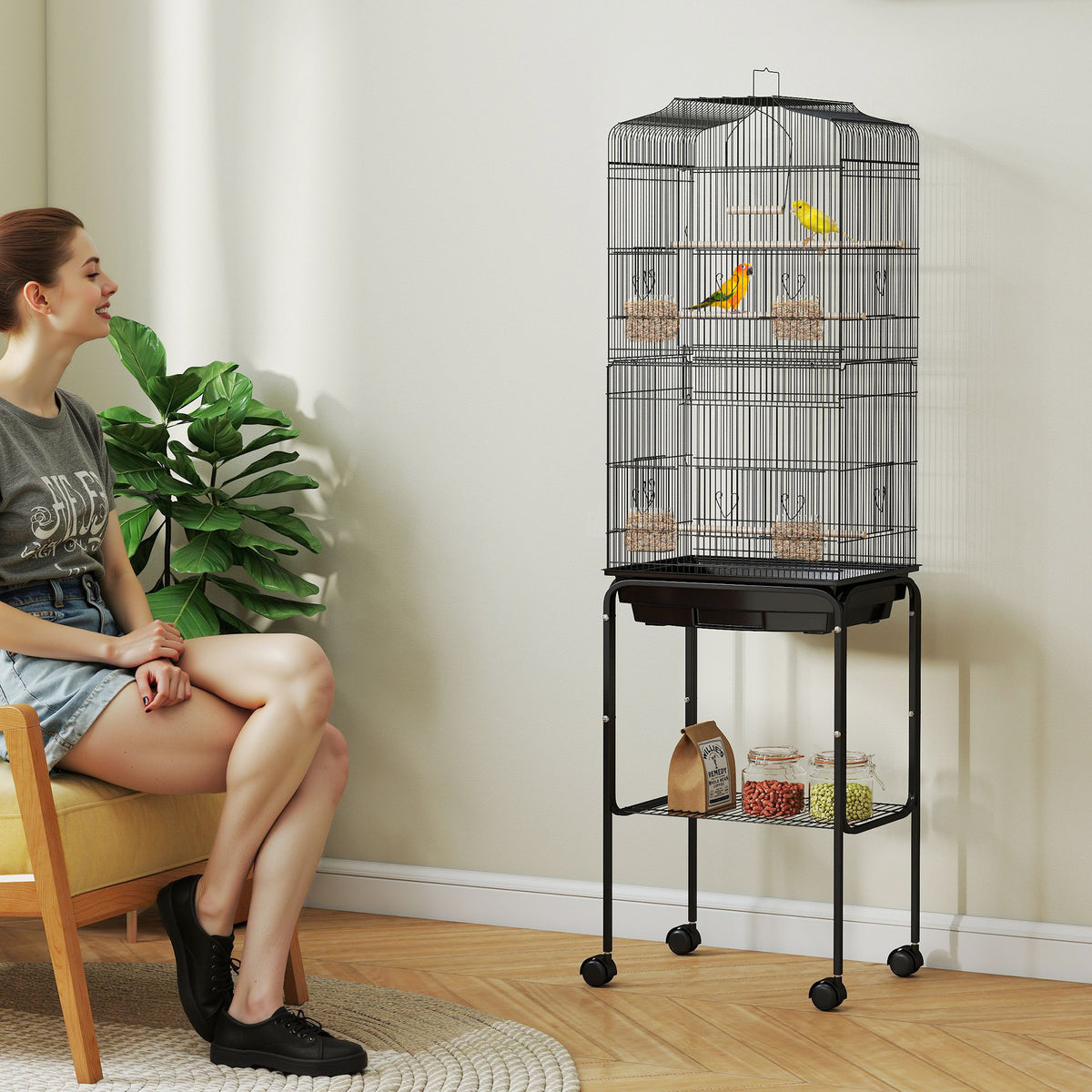Jaula para pájaros con soporte, ruedas y estante, 157 cm, negra