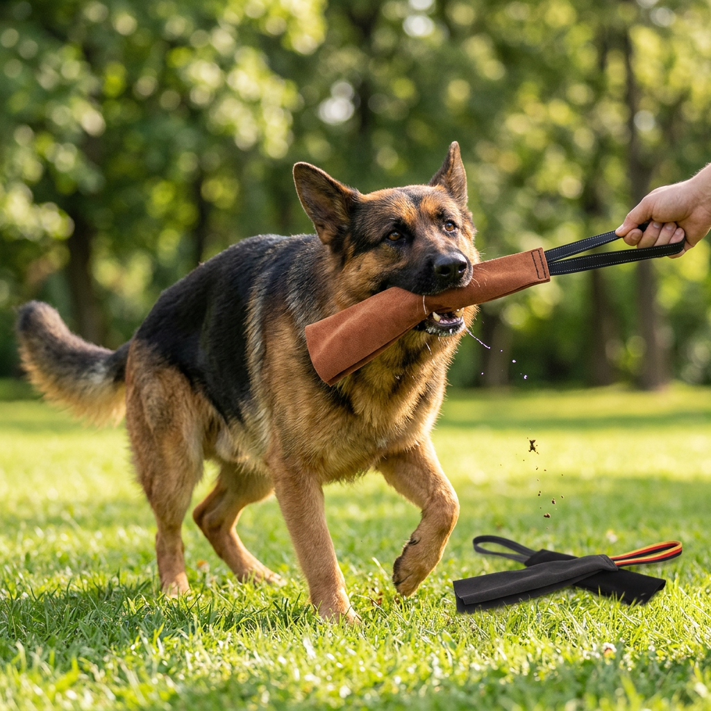 Mordedor de cuero para adiestramiento de perros con asa