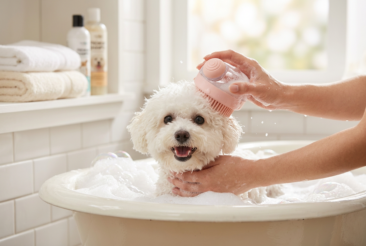 Cepillo de baño de silicona con dosificador de champú para perros y gatos