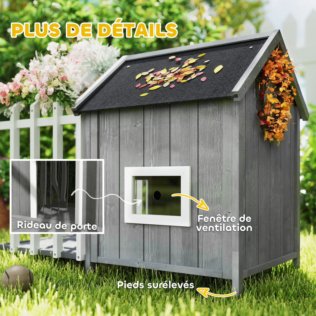 Caseta de madera con terraza y valla para perros pequeños, 106x62,5x80,5 cm
