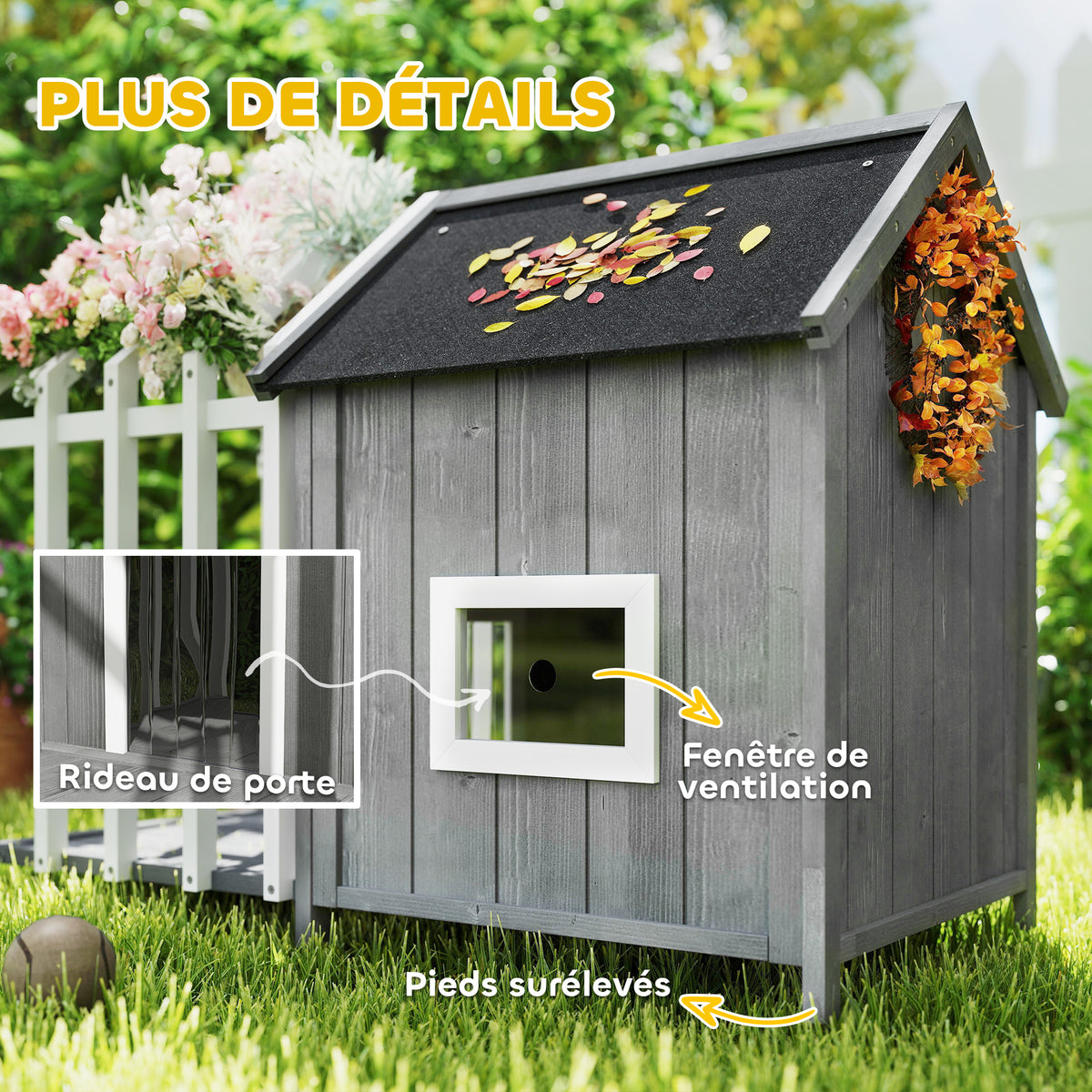 Caseta de madera con terraza y valla para perros pequeños, 106x62,5x80,5 cm