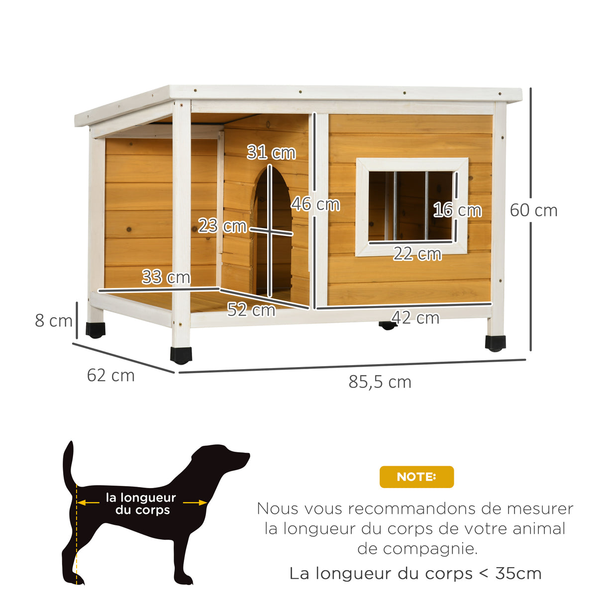 Caseta de madera con porche para perros pequeños hasta 8 kg, 85,5x62x60 cm