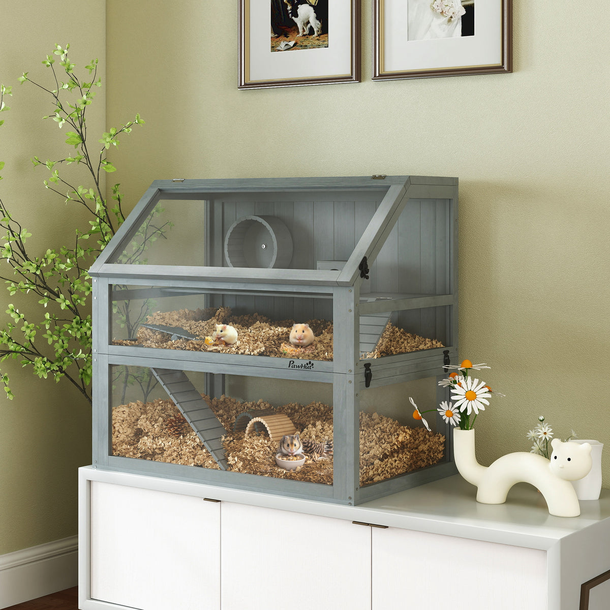 Jaula para hámster de madera 3 niveles con base profunda extraíble, 80x50x76 cm, gris claro-1