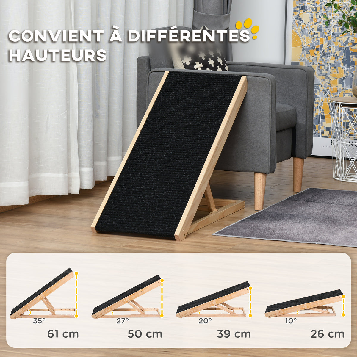 Rampa plegable de madera para perros y gatos, altura regulable 26-61 cm