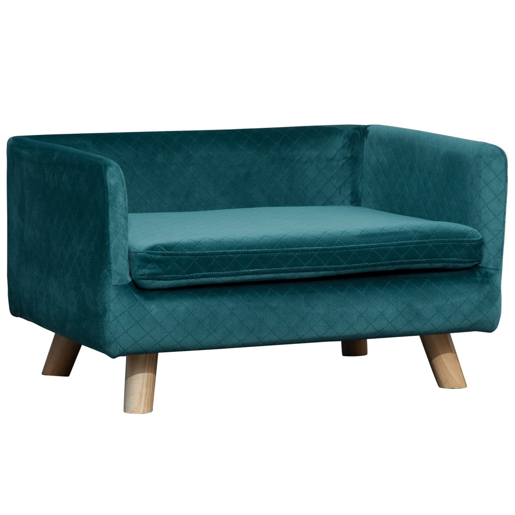 Sofá de terciopelo para perros pequeños con patas de madera, azul verdoso